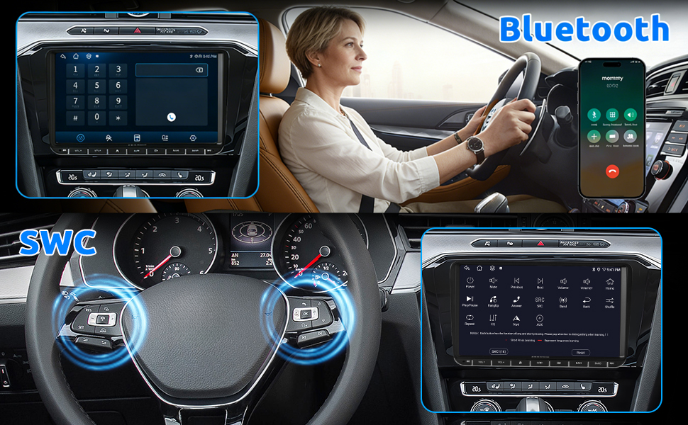 Text reads 'Wireless Carplay & Android Auto'. Car infotainment system interface showing smartphone connectivity options and app integration features.