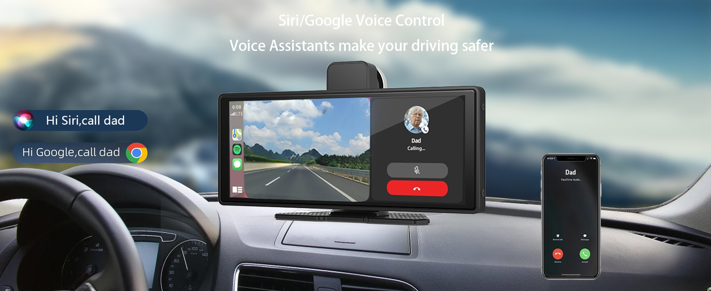 Car dashboard mount showing navigation display and phone integration, with smartphone interface visible on connected devices.