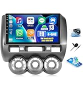 Car stereo system with large touchscreen display showing smartphone integration. Includes backup camera and audio accessories.