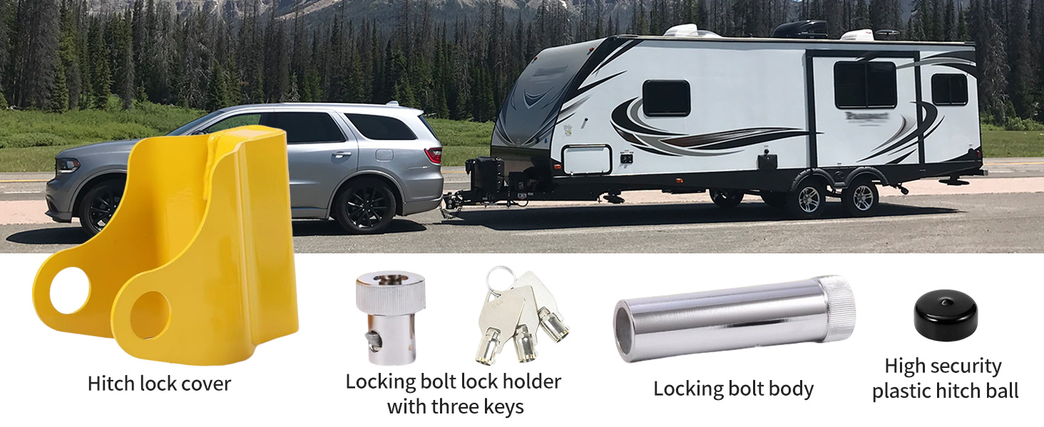 Text reads 'Giving You Peace of Mind Wherever You Park Your Trailer'. Close-up images of hands performing trailer maintenance or security-related actions.