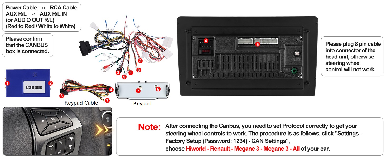 Technical wiring diagram and installation instructions showing cable connections for a car audio system. Multiple wire harnesses and connection points illustrated with warning text about proper installation.