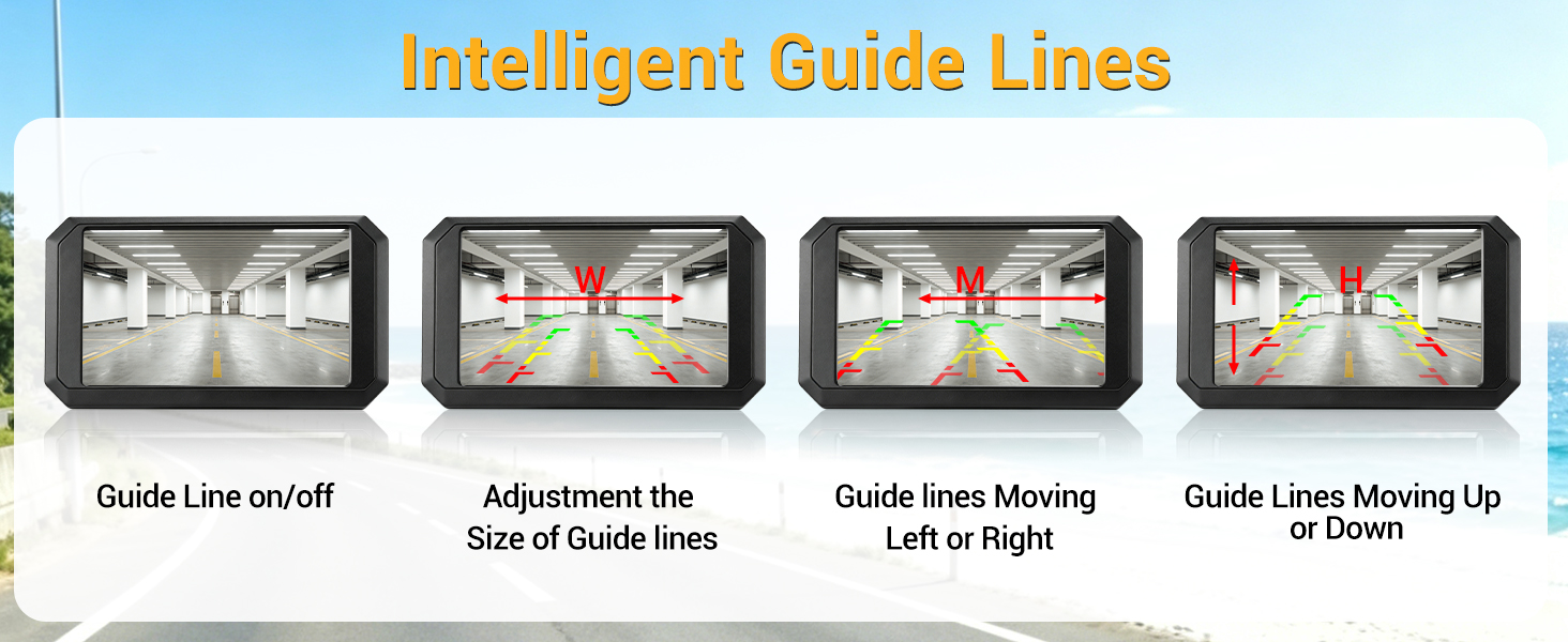 Text reads "Intelligent Guide Lines" "Guide Line on/off" "Adjustment the Size of Guide lines" "Guide lines Moving Left or Right" "Guide lines Moving Up or Down". Four smartphone screen diagrams demonstrating guide line adjustment features for camera interface.