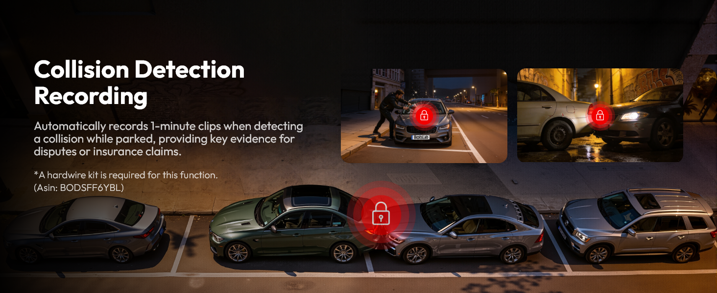 Text reads 'Collision Detection Recording' with subtitle 'Dash Cam'. Image shows nighttime vehicle collision scene with emergency lighting and vehicles.