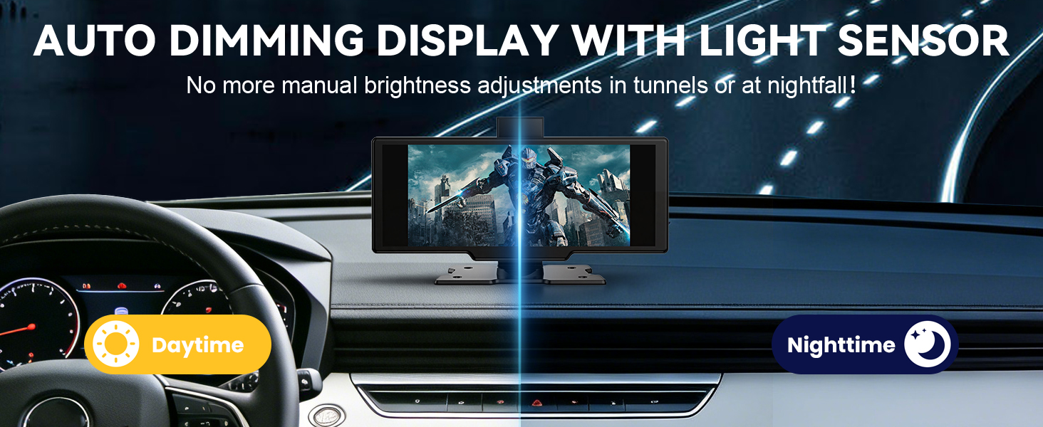Text reads 'AUTO DIMMING DISPLAY WITH LIGHT SENSOR'. Dark automotive display images showing dashboard interface in different lighting conditions.