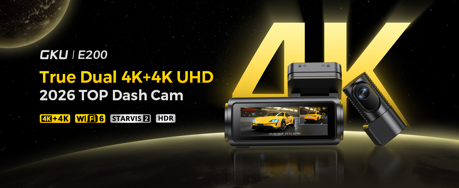 Text reads 'VIOFO E200 True Dual 4K+4K UHD 2024 TOP Dash Cam' with additional Asian characters. Dashboard camera product with '4K' text overlay on dark background.