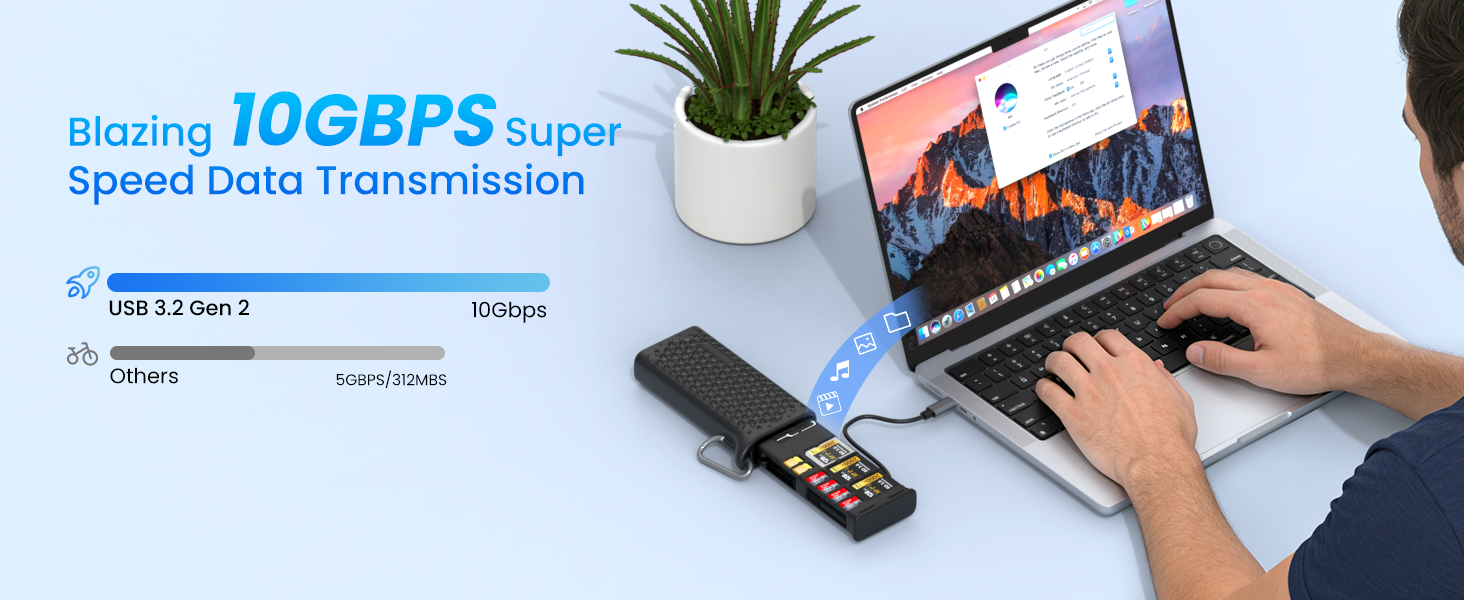 Text reads '10GBPS' and 'Hyper Speed Data Transmission'. Person using laptop with external device connected, displaying high-speed data transfer capability.