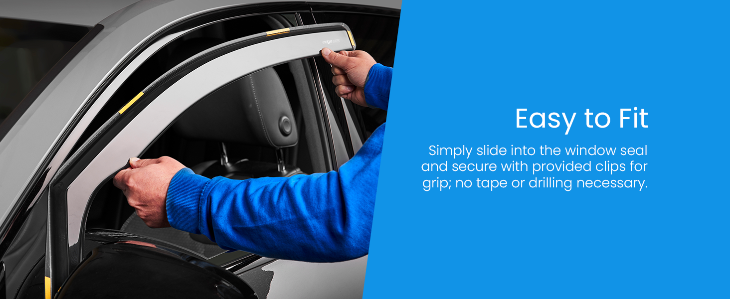 Hands installing a car window accessory. Text states 'Easy to Fit' and mentions simple sliding and secure clips for installation.