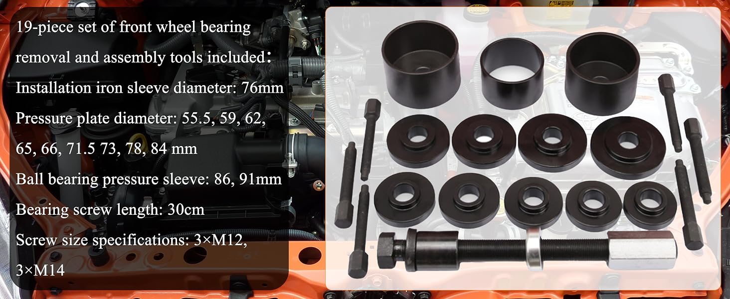 Text reads '18Pcs Master Hub Bearing Tool Kit'. Product packaging and red tool components shown in product listing format.