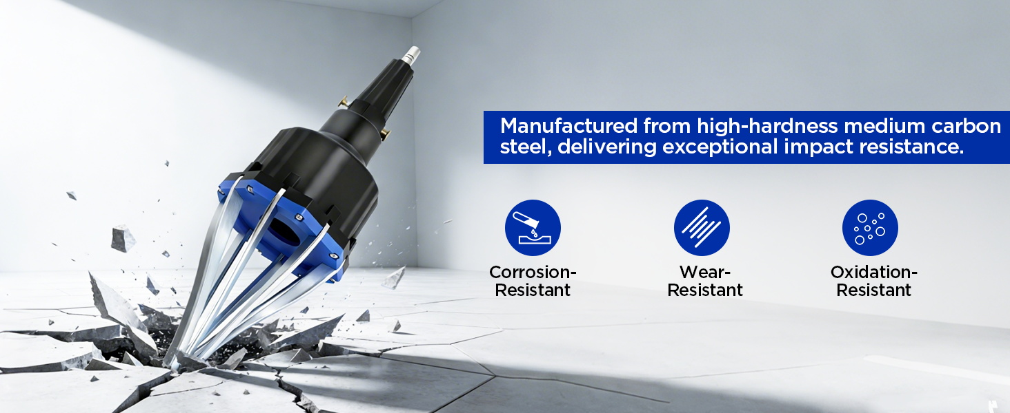 Text reads 'Manufactured from high-hardness medium carbon'. Technical diagram showing product components with blue circular indicators highlighting various features.