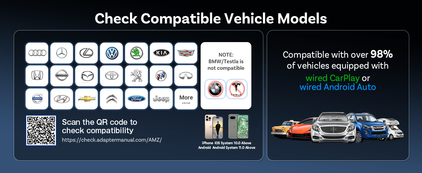Text reads 'Check Compatible Vehicle Models'. Blue-tinted informational banner showing vehicle compatibility chart with icons and QR code.