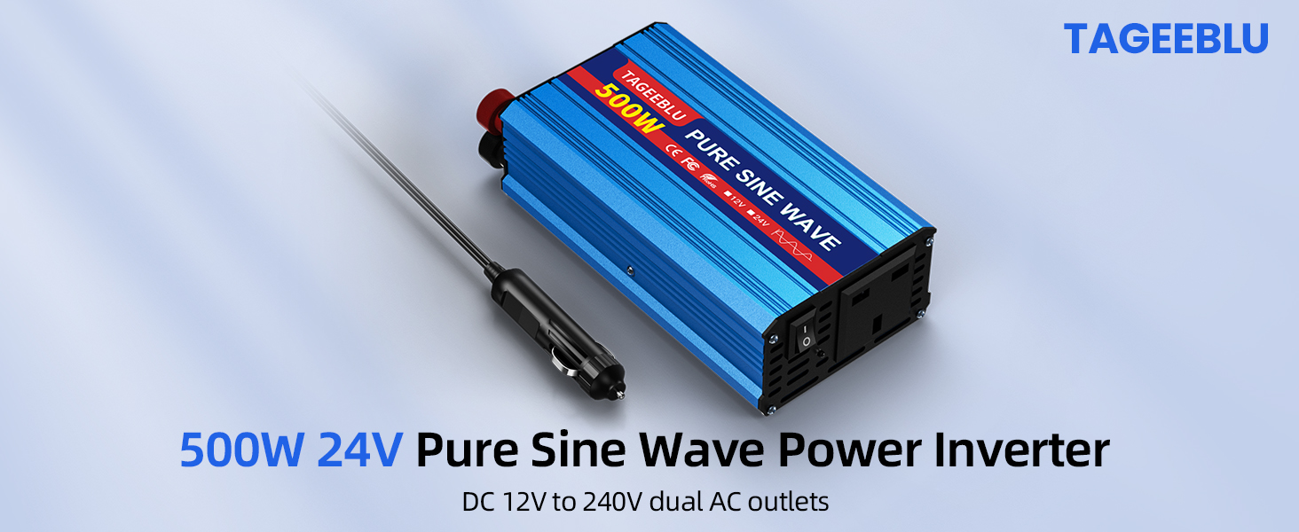 Text reads 'TAGEEBLU 500W 24V Pure Sine Wave Power Inverter DC to 120V/240V AC'. Multiple views of blue electronic device with power specifications.