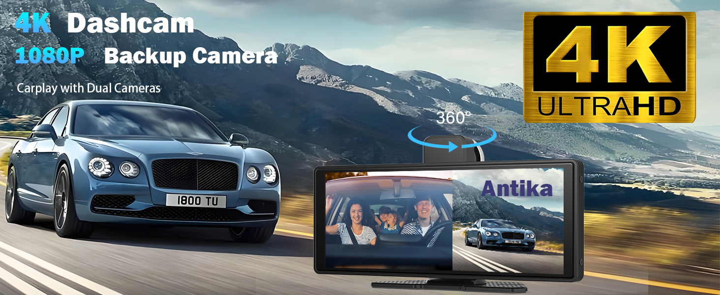 Car dashcam advertisement showing luxury car, mountain scenery, and product displays. Features '4K ULTRA HD' label and '1080P Backup Camera' text.