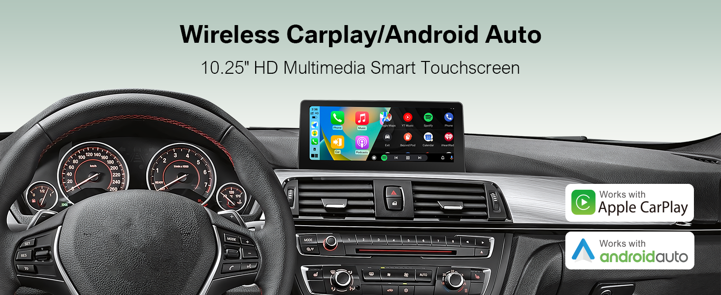 Text reads 'Wireless Carplay/Android Auto'. Dashboard interface showing navigation system with Apple CarPlay and Android Auto logos displayed.