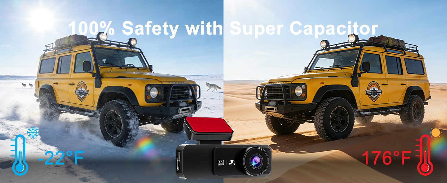 Text shows '100% Safety with Super Capacitor', '-13°F', '176°F'. Multiple images of yellow off-road vehicles in desert terrain demonstrating temperature resistance.