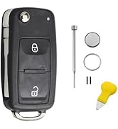 Exploded view of car key fob components including black plastic housing, buttons, battery, and metal key blade insert.