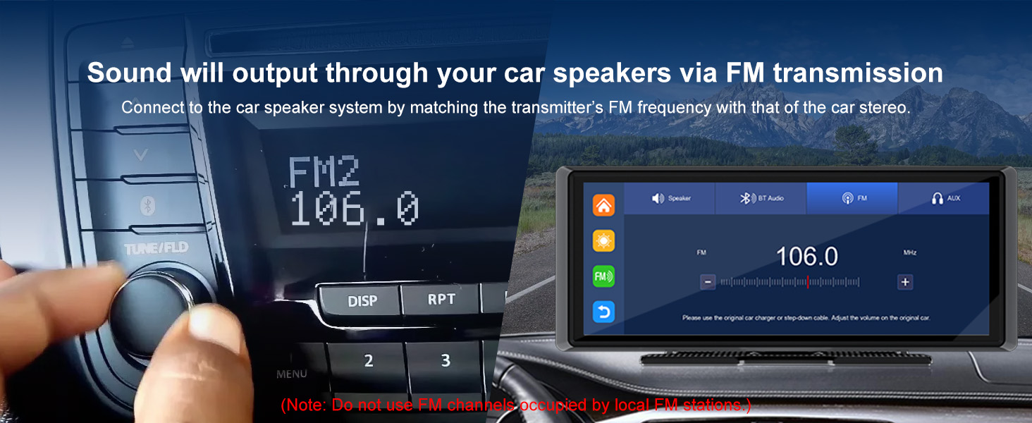 Text describes FM transmission through car speakers. Digital car stereo display interface showing modern entertainment system with numerical display reading '106.0'.