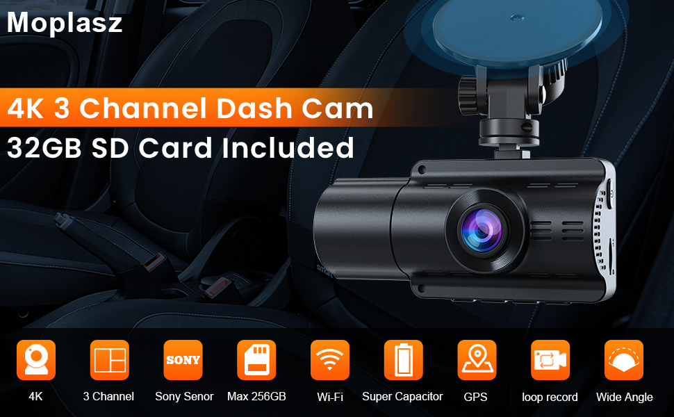 Text reads '4K + Original Dash Cam' and '32GB SD Card included'. Series of interface icons showing camera features including night vision, parking mode, and recording functions.