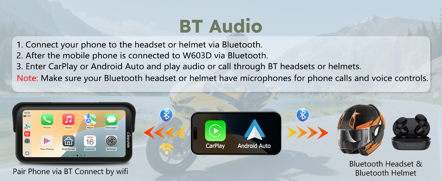 Text reads 'BT Audio' followed by interface screenshots showing mobile audio controls and bluetooth headset icons.