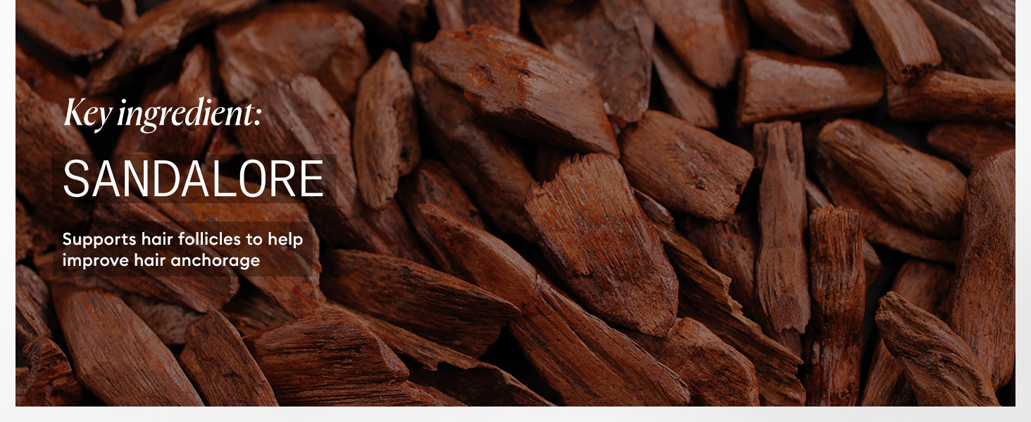 Text reads 'SANDALORE'. Close-up image of dark brown wood chips or bark pieces spread across surface.