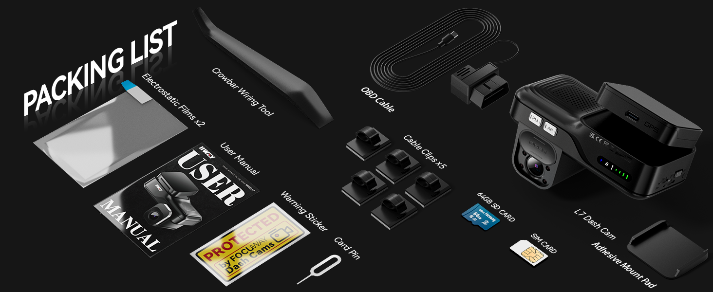 Packing list for electronic device, including camera, memory card, battery, charger, and various accessories. Items arranged on dark background with labels.