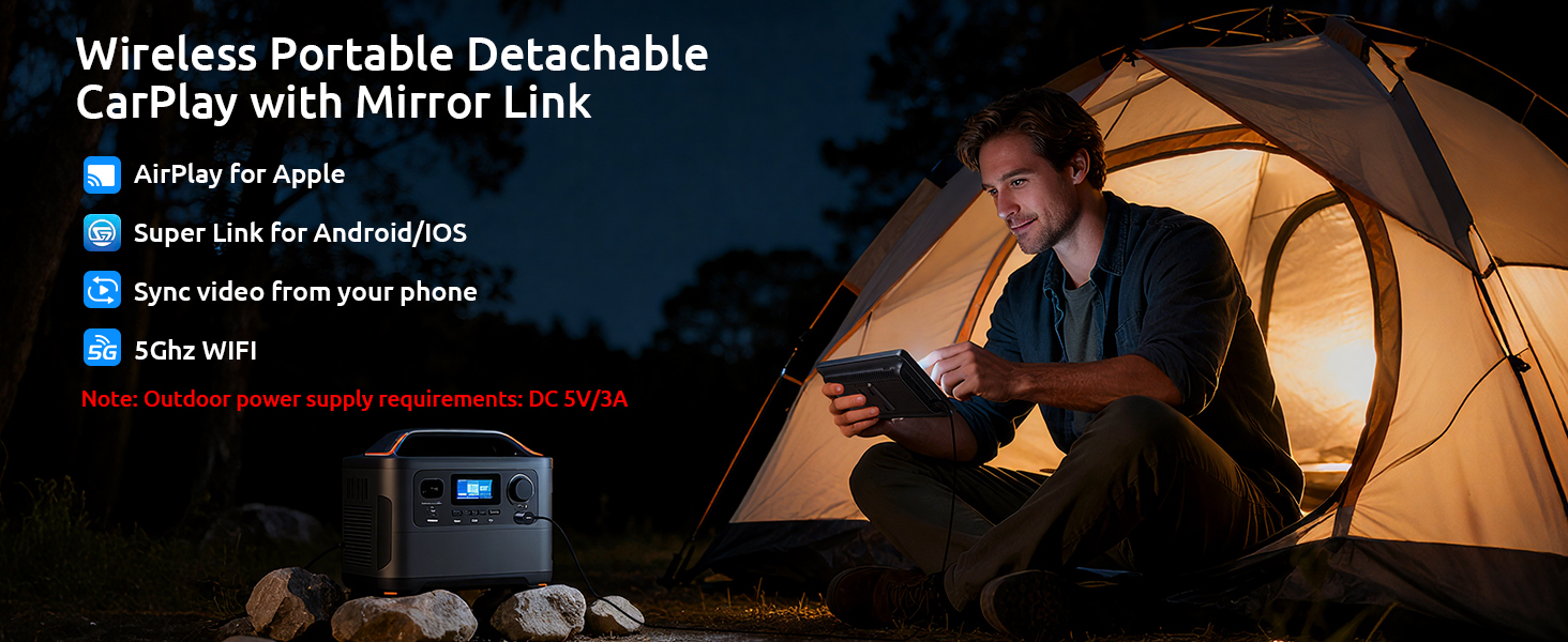 Text reads 'Wireless Portable Detachable CarPlay with Mirror Link'. Marketing image showing device usage in camping setting with illuminated tent at night.