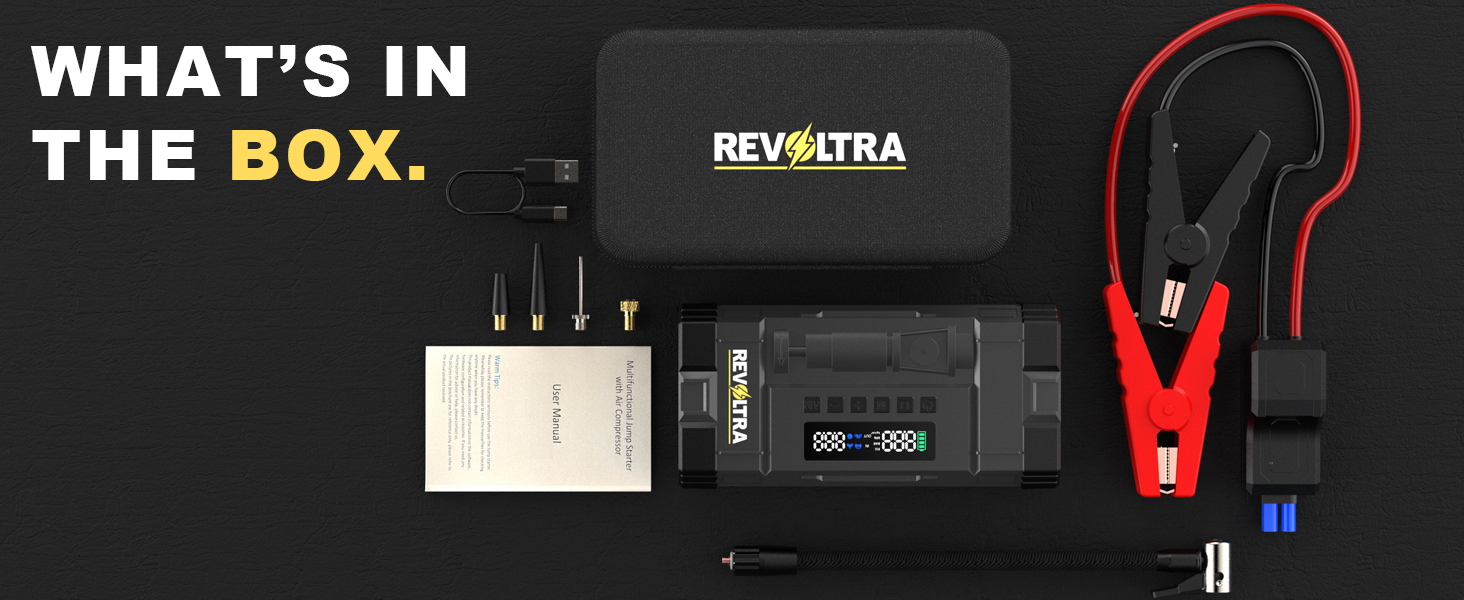 Text reads 'WHAT'S IN THE BOX:' with 'REVEXTRA' branding. Product layout shows electronic device components including battery connector and jumper cables on black surface.