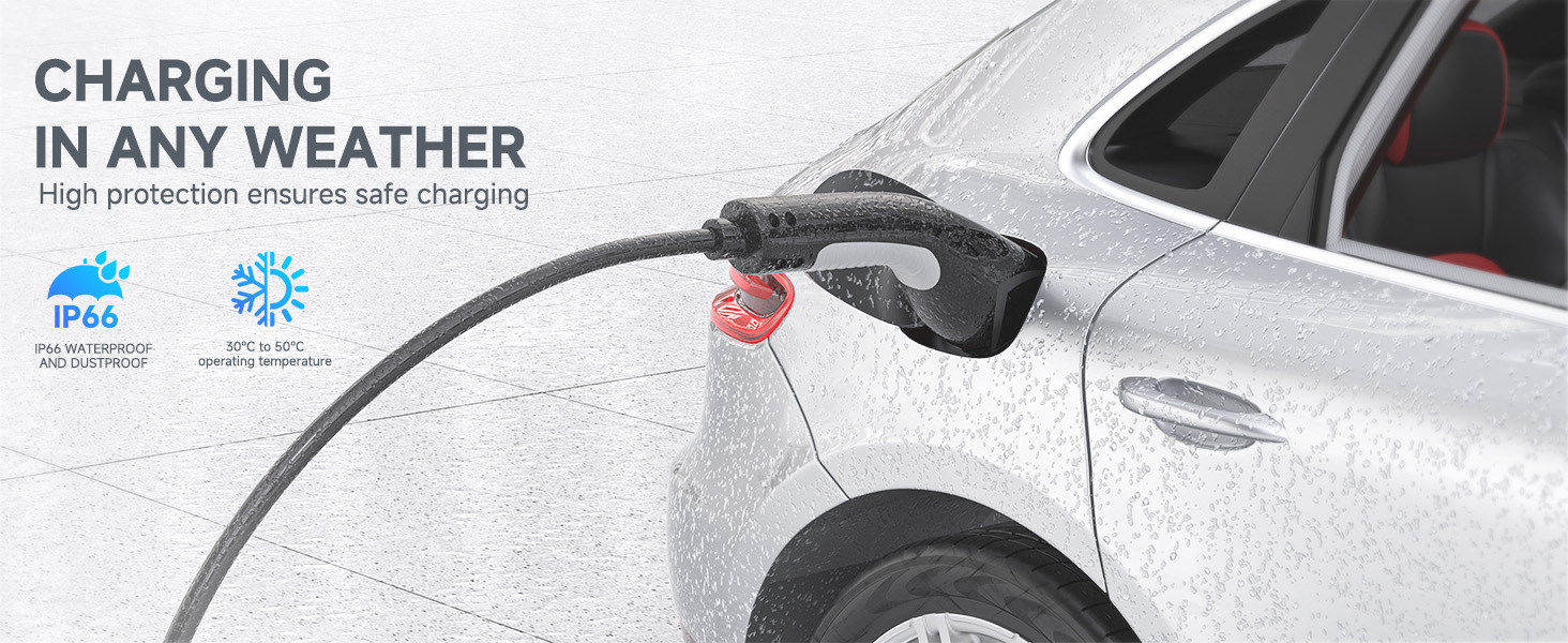 Text reads 'CHARGING IN ANY WEATHER'. Image shows electric vehicle charging in rainy conditions with water droplets visible on car surface.