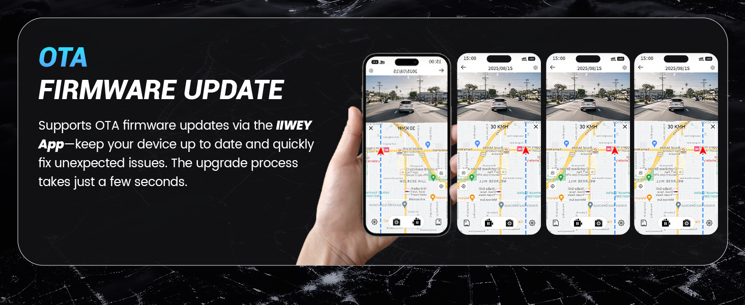Text reads 'OTA FIRMWARE UPDATE'. Screenshot sequence showing four mobile phone screens displaying map interface updates. Dark background with white text explaining firmware update process.