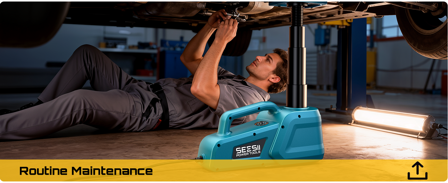Text reads 'Routine Maintenance'. Sequence showing power tool maintenance and inspection process across multiple panels with blue-colored tools.
