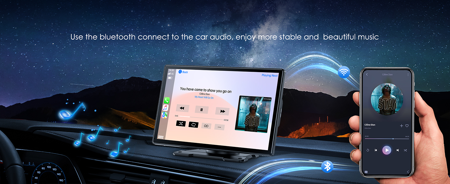 Illustration showing Bluetooth connectivity between a car dashboard display, tablet, and smartphone with music playback interface under a starry night sky.