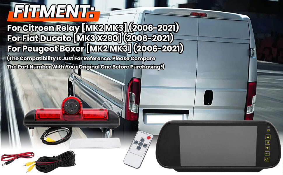 Text reads: 'FitMENT For Citroen Relay (Mk3 X250) (2006-2021), For Peugeot Boxer (Mk2 MK3) (2006-2021)' Automotive camera installation components and accessories.