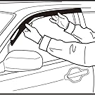 Line drawing illustrating car door seal installation. Hand shown inserting a seal or weatherstrip into the door frame of a vehicle.