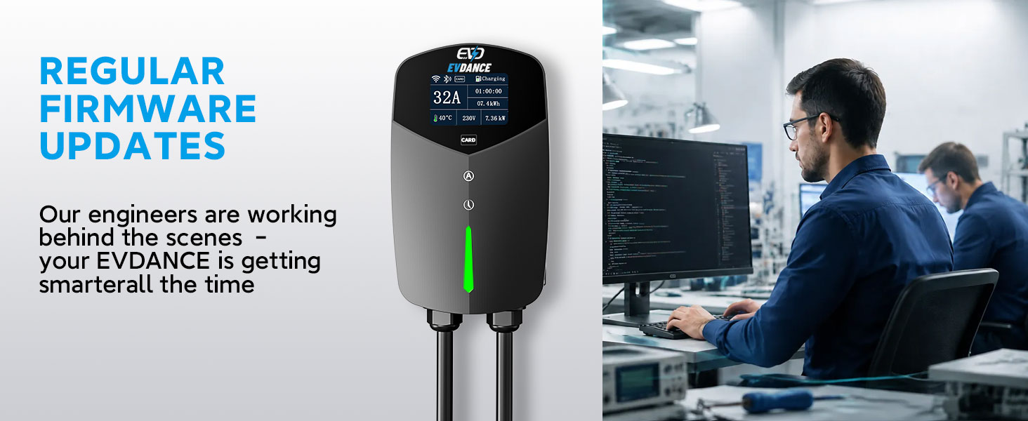 Text reads 'REGULAR FIRMWARE UPDATES' and 'Smart speakers are getting better. Below the surface, firmware updates help improve the getting experience on line.' Image shows black cylindrical smart speaker device and person working at desk with computer.