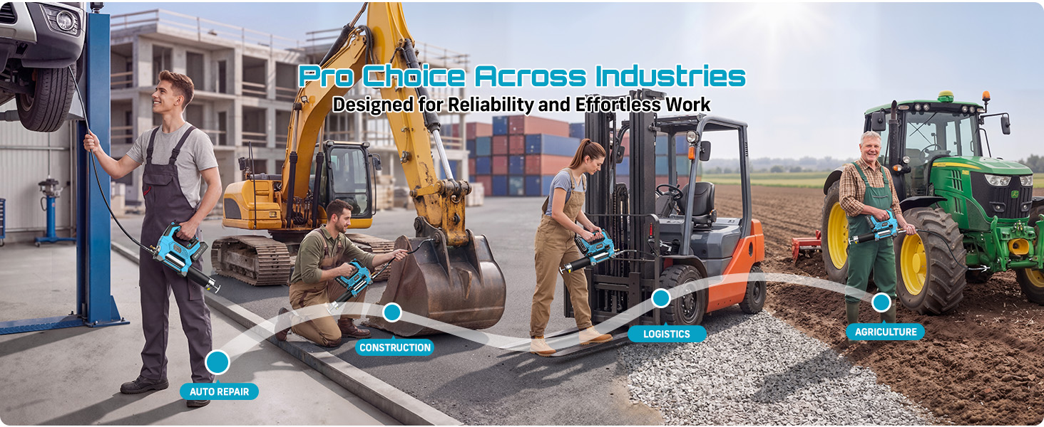 Text reads 'ACE ACROSS INDUSTRIES' and 'Reliability you can depend on'. Industrial equipment yard with heavy machinery including yellow excavators and green tractors, workers in safety gear examining equipment.