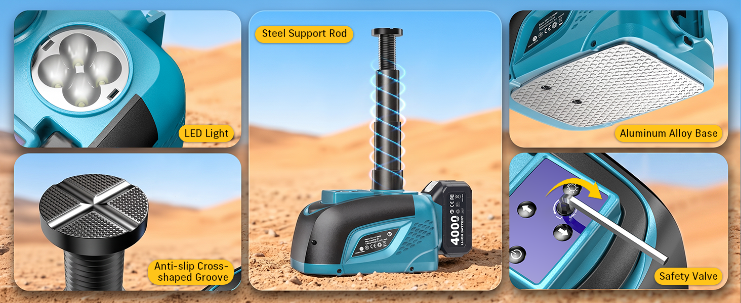 Grid of six product images with yellow label boxes. Clockwise from top-left: beverage in cup, desert landscape, industrial tool or device, digital device/meter, circular device detail, and outdoor equipment.