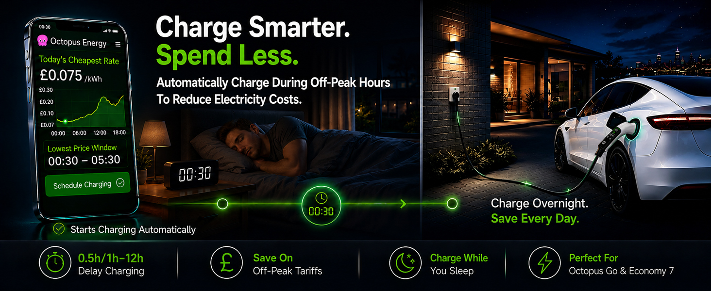 Text reads 'Charge Smarter. Spend Less.' 'Automatically Charge During Off-Peak Hours to Reduce Electricity Costs.' 'Charge Overnight. Save Every Day.' EV charging device advertisement with nighttime car charging scene and feature icons on dark background.