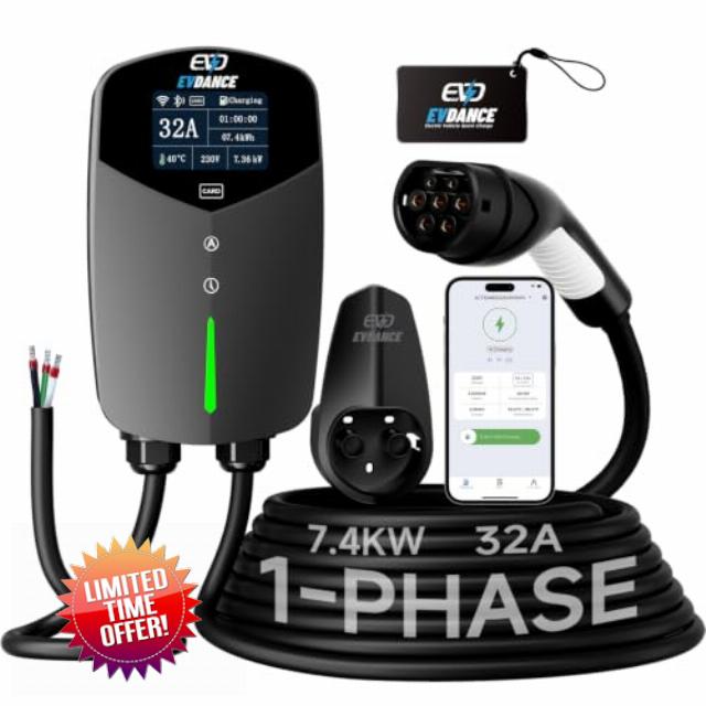 EVDANCE EV Charger 7kW Type 2 Smart EV Home Wall Charger for EV/PHEV App Control