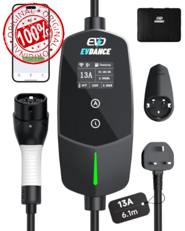 EVDANCE EV Charger 3 Pin Plug with App for Electric and Hybrid Vehicles 6.1m