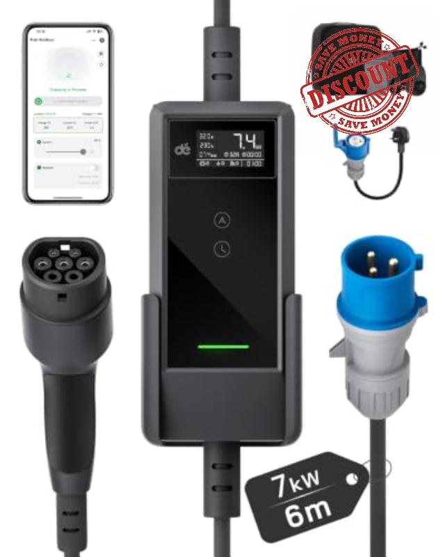 dé EV Charger 7kw type 2 6m with App & 32A to 13A Adapter                                                          IP66