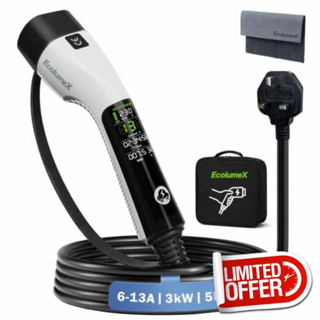 Portable EV Granny Charger Type 2 to 3 Pin Plug UK 16.4ft/5M 3kW No Control Box Design