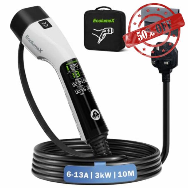 Portable EV Charger Type 2 to 3 Pin Plug UK 6A-13A 3kW 10M/32.8ft Granny Charger