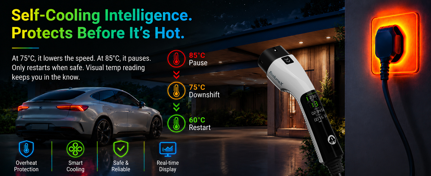 Text reads 'Self-Cooling Intelligence: Protects Before It's Hot.' Image shows thermal heat gun or industrial device with temperature display interface and safety warning indicators.