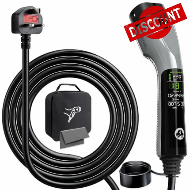 EV Car Charger Type 2 to 3 Pin Plug UK 32.8Ft/10M Car Charger 3kW 6-13A                                                          Adjustable
