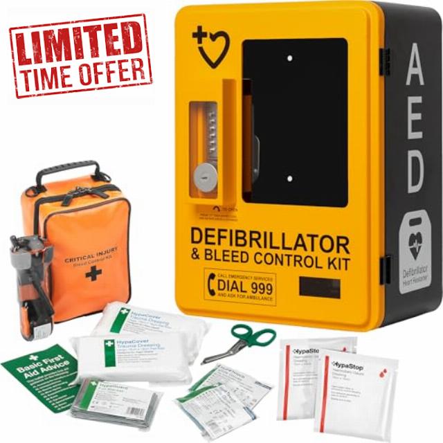 Safety First Aid HypaGuard Outdoor AED Cabinet and Bleed Control Bundle                                                          Lockable and Alarmed Defibrillator Cabine