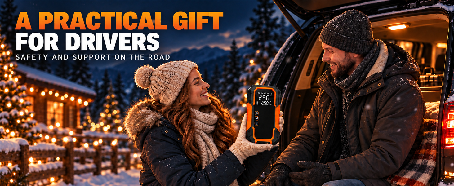 Text reads 'A PRACTICAL GIFT FOR DRIVERS'. Evening urban scene with couple holding product, positioned as automotive accessory gift.