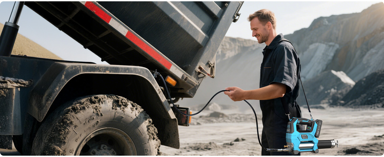 Man in dark clothing operating a blue pressure washer pump attached to a truck on a rocky beach landscape.
