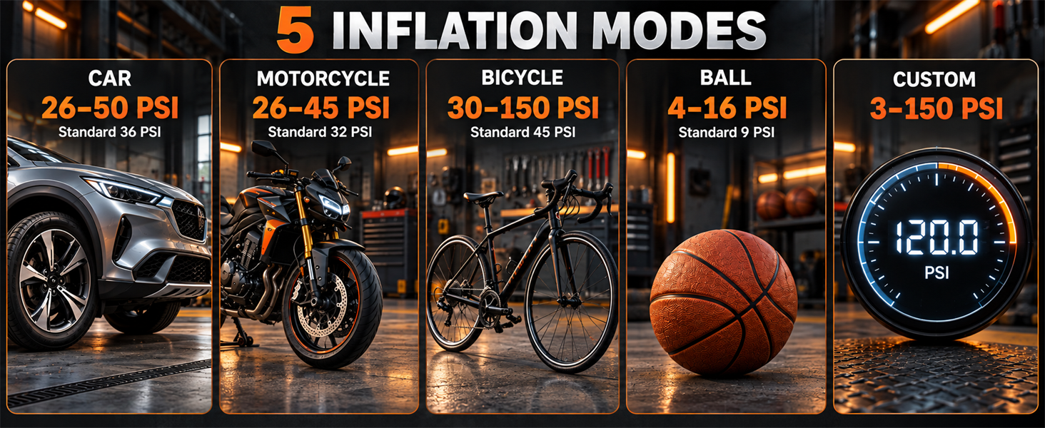 Text reads '5 INFLATION MODES' with specifications displayed. Image shows multiple bicycles and sports equipment including basketball, with mode duration indicators and numerical values visible.