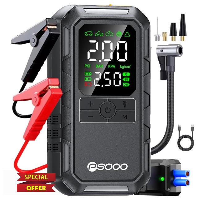 PSOOO Jump Starter Power Pack 8000A with Air Compressor 150PSI Portable Tyre Inflator 12V Car Battery Booster Pack with LCD Display LED Light for Petrol/Diesel Engines (Up to 7.0L Gas/5.5L Diesel)