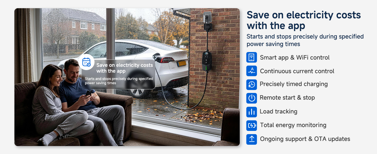 Text reads 'Save on electricity costs with the app' with app features listed: 'Load shedding schedule,' 'Scheduled current control,' 'Prepaid credit charging,' 'Remote start & stop,' 'Load tracking,' 'Real energy monitoring,' 'Outage support & OTA updates.' Person using smartphone indoors by window.