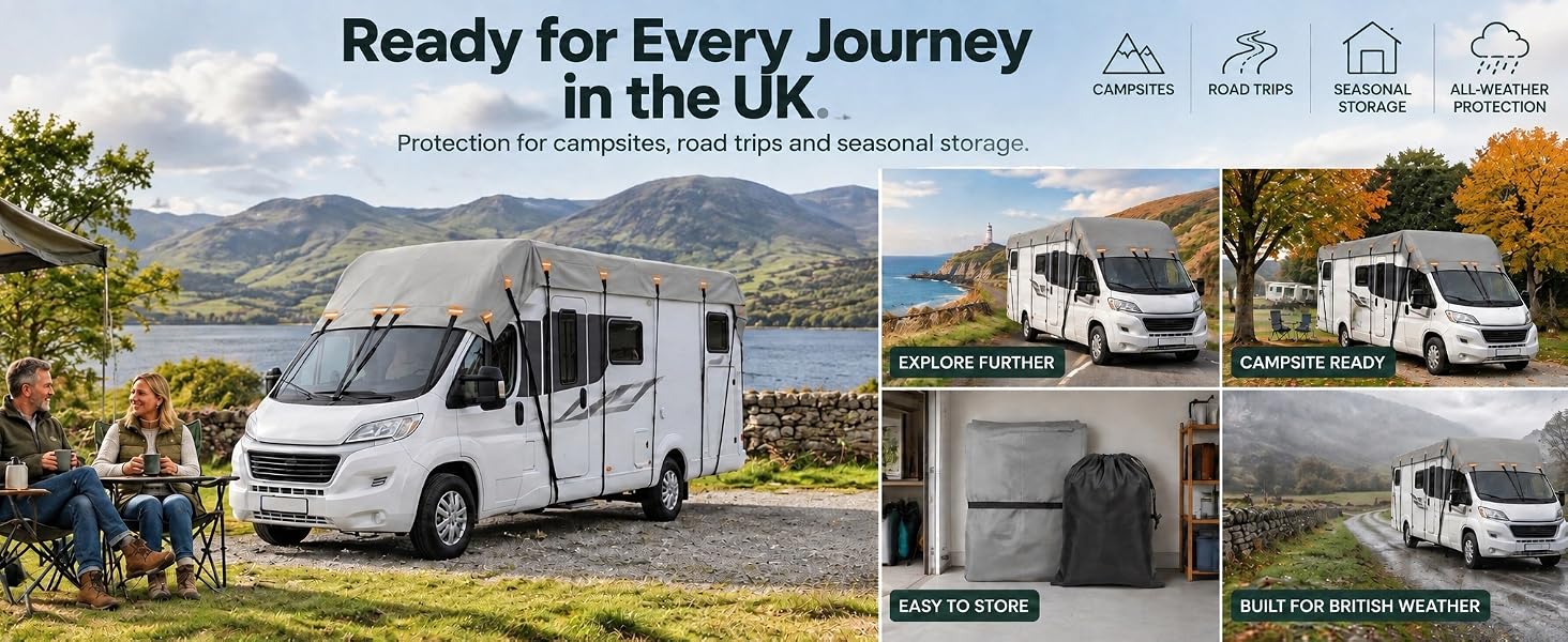 Text reads 'Fits Most RVs, Wheelchairs Your Adventure' with multiple RV vehicle images shown. Composite showing various motorhome and camper van models with icons indicating specifications below.